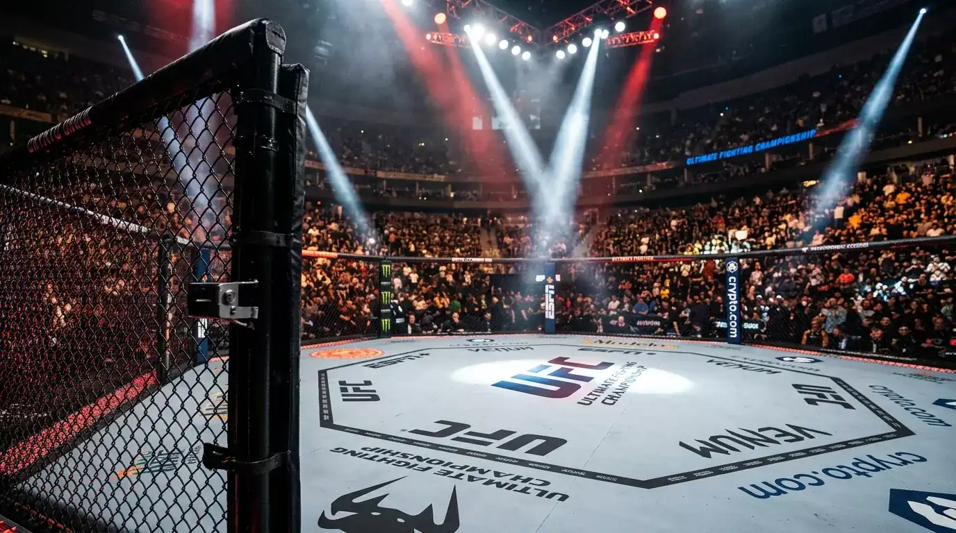 UFC octagon under arena spotlights before a fight with the crowd in the background
